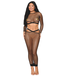 Ensemble 2 pièces top manches longues et jupe résille noire - DG0526BLK